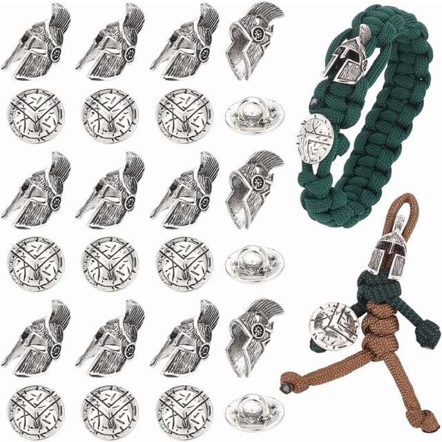 Aproximadamente 20 cuentas de paracord de aleación de estilo tibetano con forma de casco espartano, cuentas europeas con botones de aleación, pulsera de plata, llavero y cuentas.
