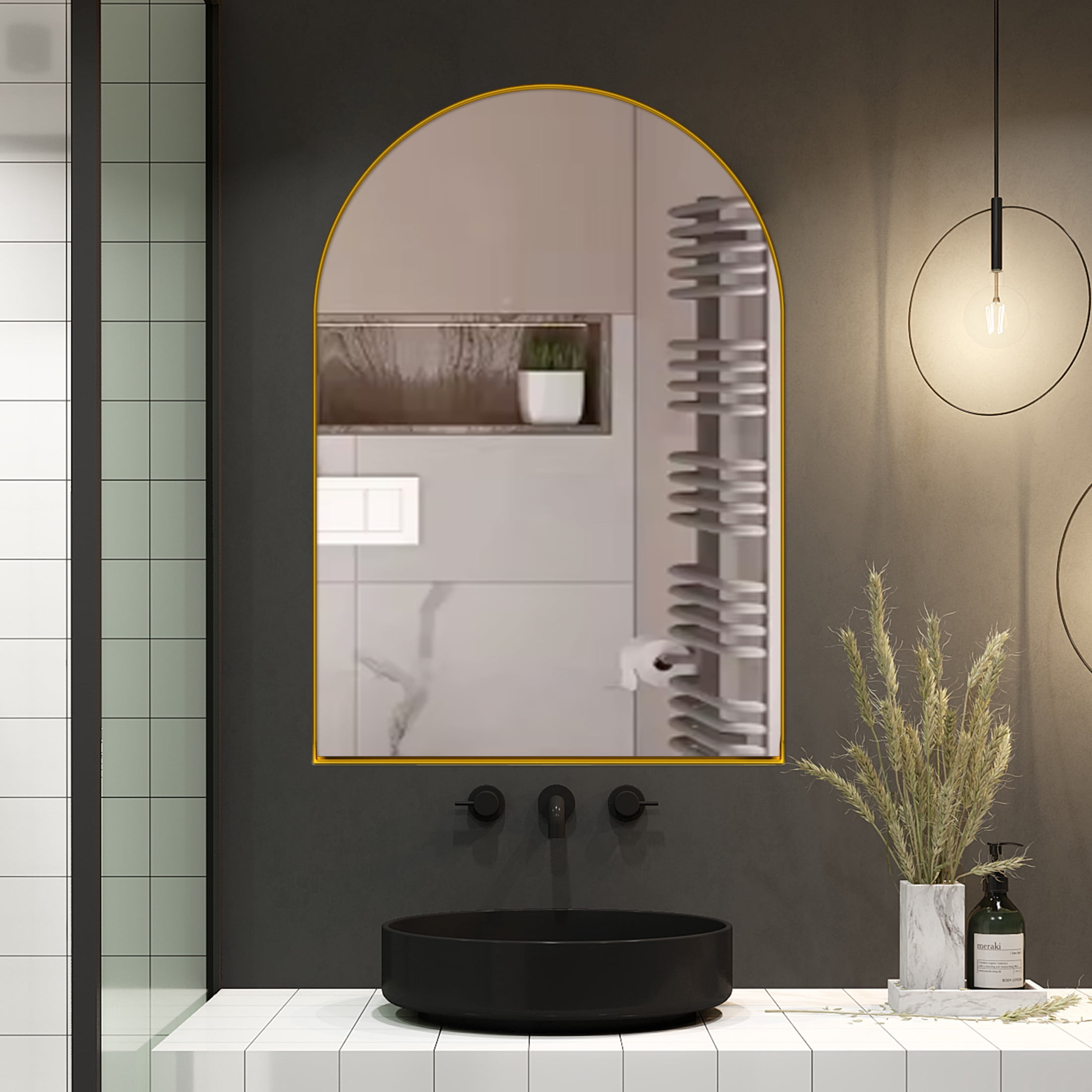 Noble House Arched Medicine Cabinet with Mirror, Recessed or Surface Mount, Adjustable Shelves, Matte Gold