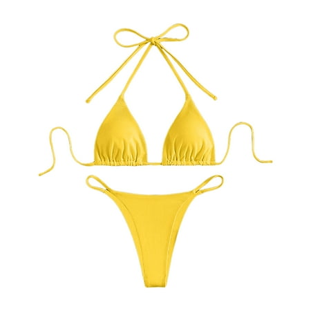 Jdkau Bikini Sets for Women Two Piece Triangle Bikini Set Sexy High Waisted Cheeky Swimsuit Halter Tie Back Bathing SuitsYellow L