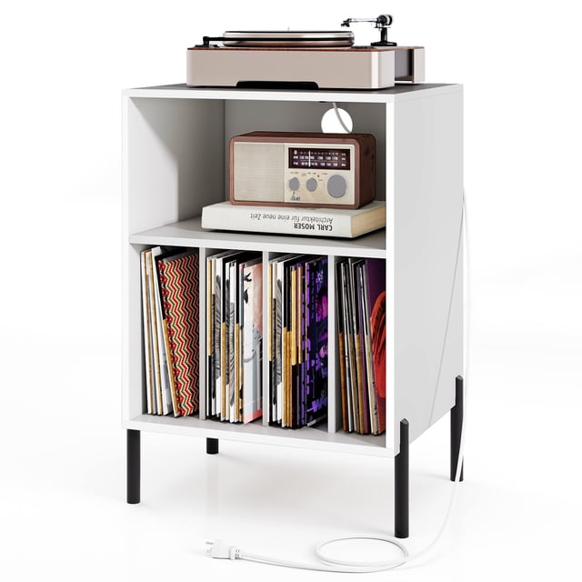 Gymax Support de Tourne-Disque avec Station de Recharge 5 Compartiments de Rangement Trousses Anti-Basculement