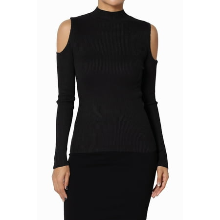 Rib Knit Pullover TheMogan Junior's Cold Shoulder Mock Neck Long Sleeve Stretch Rib Knit Sweater Top ()