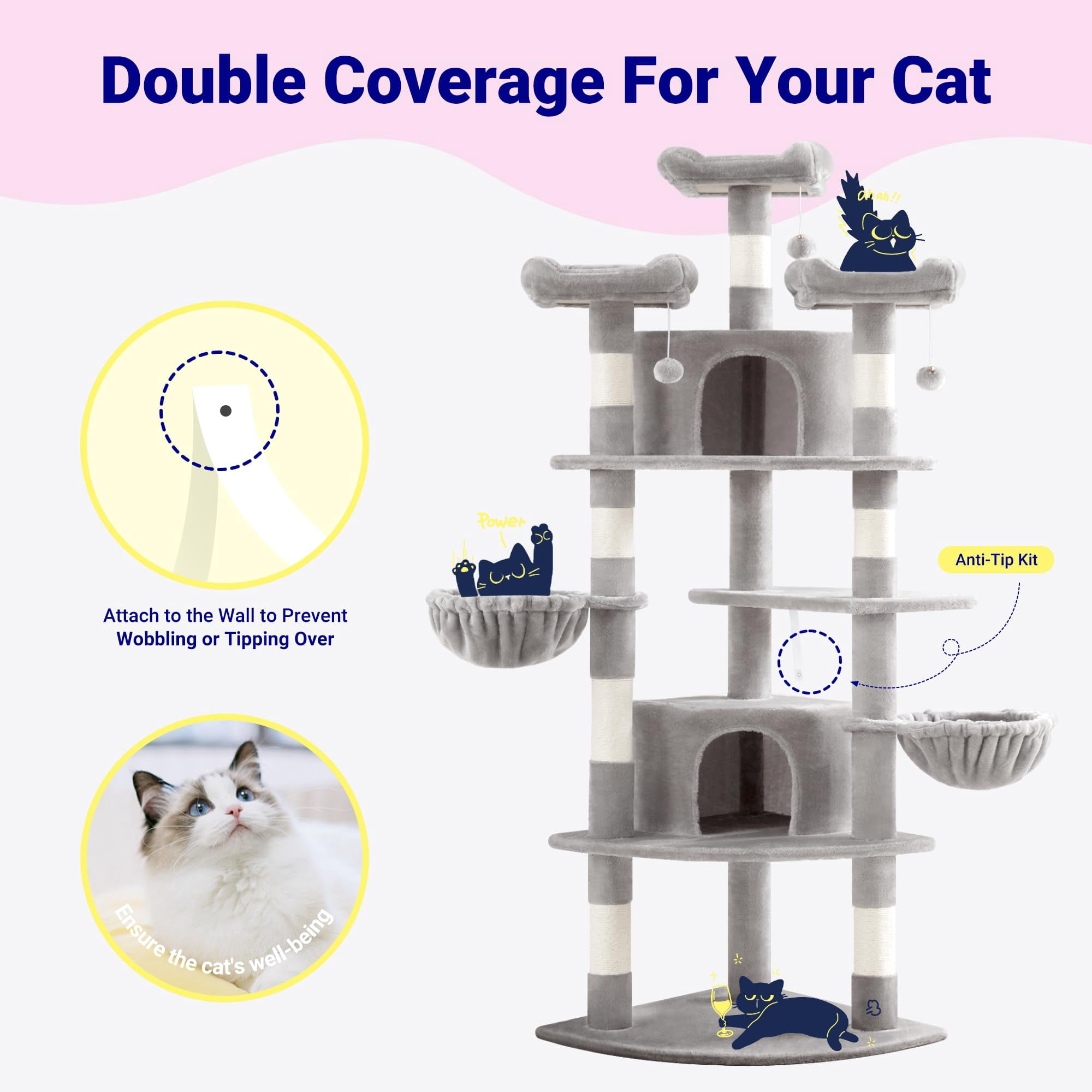 73in Fan-shaped Space-saving Corner Cat Tower/multi-level Tall Tree For Indoor Kitties/cozy Baskets/condos/house/perches/sisal Posts/pet Activity Center/grey