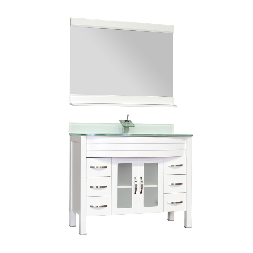Elite 42" Single Modern Bathroom Vanity in White with Light Green Glass Top and Mirror with