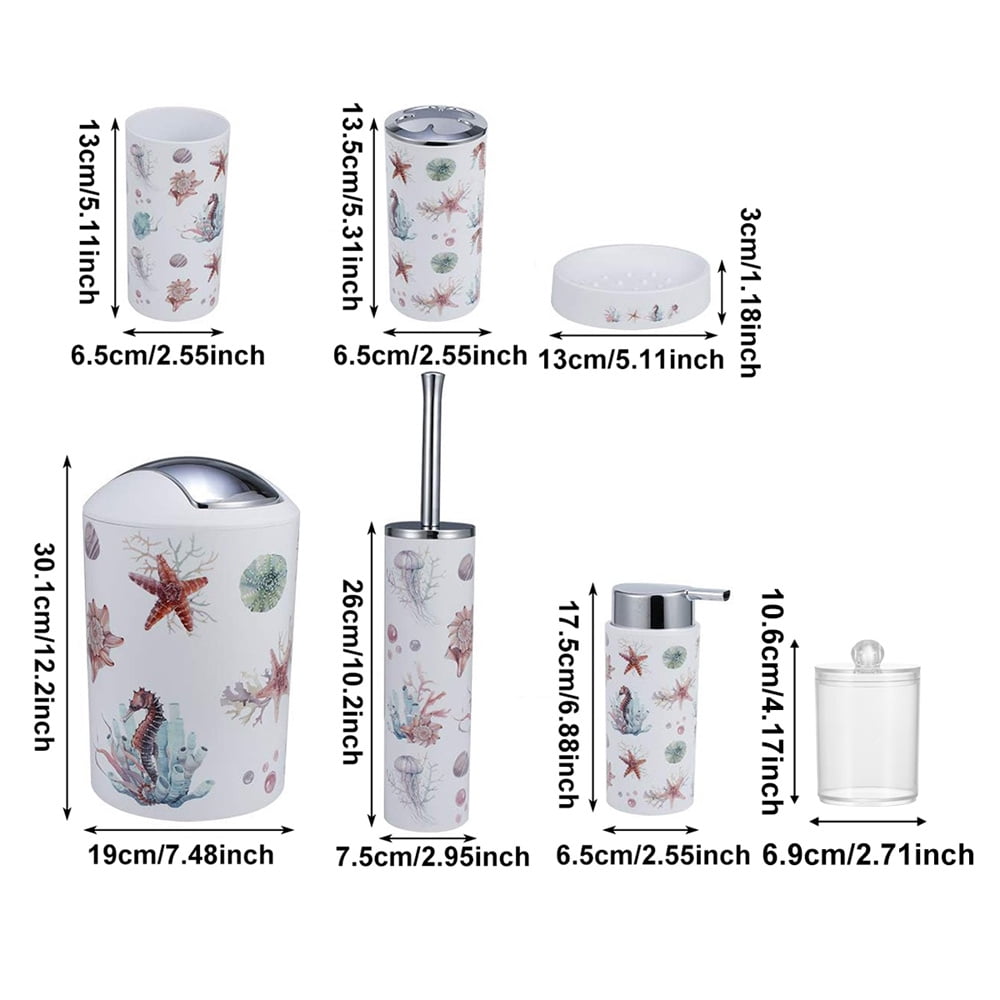 8-Piece Sea Elements Printed Bathroom Accessories Set - With Trash Can, Toilet Brush, Toothbrush Holder, Lotion Soap Dispenser, Soap Dish, Toothbrush Cup, Cotton Swab Holder