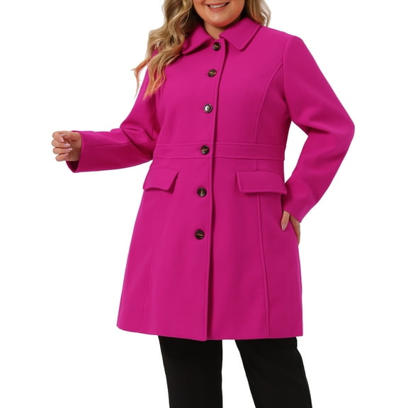 Agnes Orinda Women's Plus Size Coat Solid Single Breasted Long Fall Winter Outerwear with Pockets 1X Hot Pink