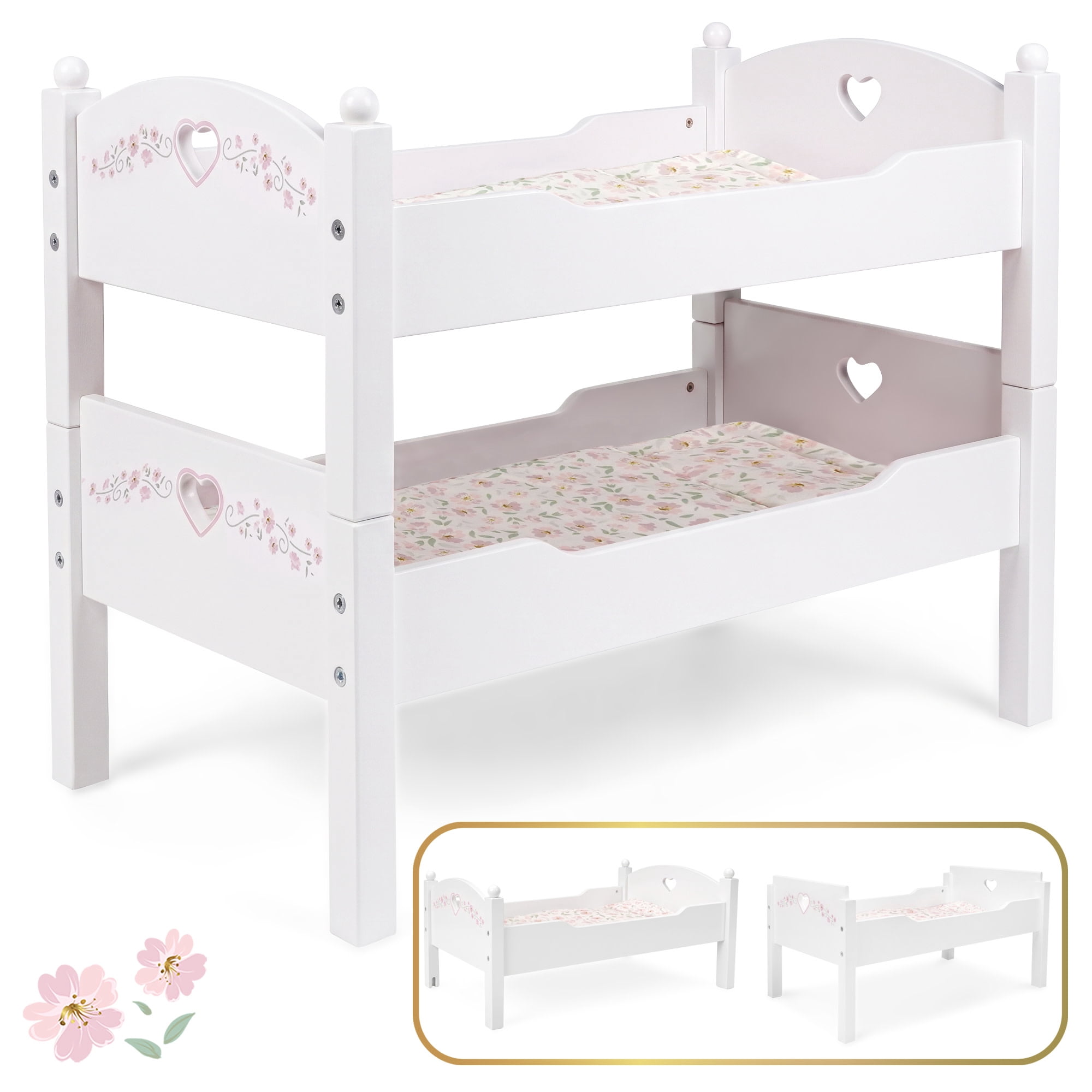 509 Crew: Petit Flora - Wooden Doll Bunk Bed - White-Pink-Flowers, Convertible to Single Beds, Blankets & Pillows, Doll Sleep Accessory Toy, Kids 3+