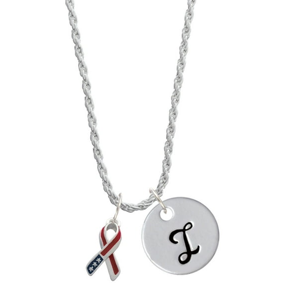 Delight Jewelry Silvertone Patriotic Ribbon Silvertone Script Initial Disc - I - Charm Necklace, 20"+3"