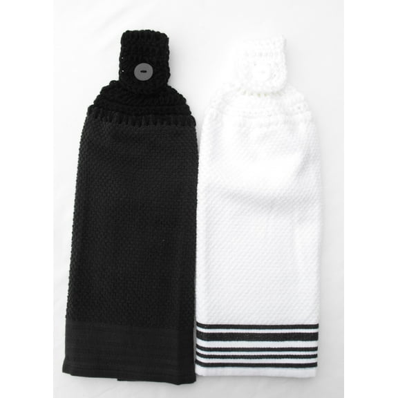 SET OF 2 MATCHING TERRY CLOTH KITCHEN TOWELS - BLACK & WHITE - DOUBLE THICK/FULL WITH HANDMADE CROCHET TOPPER