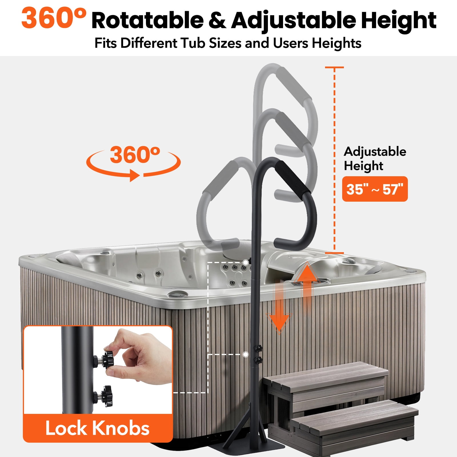 Garvee 57" Hot Tub Handrail with LED Ambient Light, 360° Rotatable Spa Side Handrail with 35"-57" Adjustable Height, 600 LBS Capacity, Slide-Under Base & Non-Slip Grip for Indoor & Outdoor