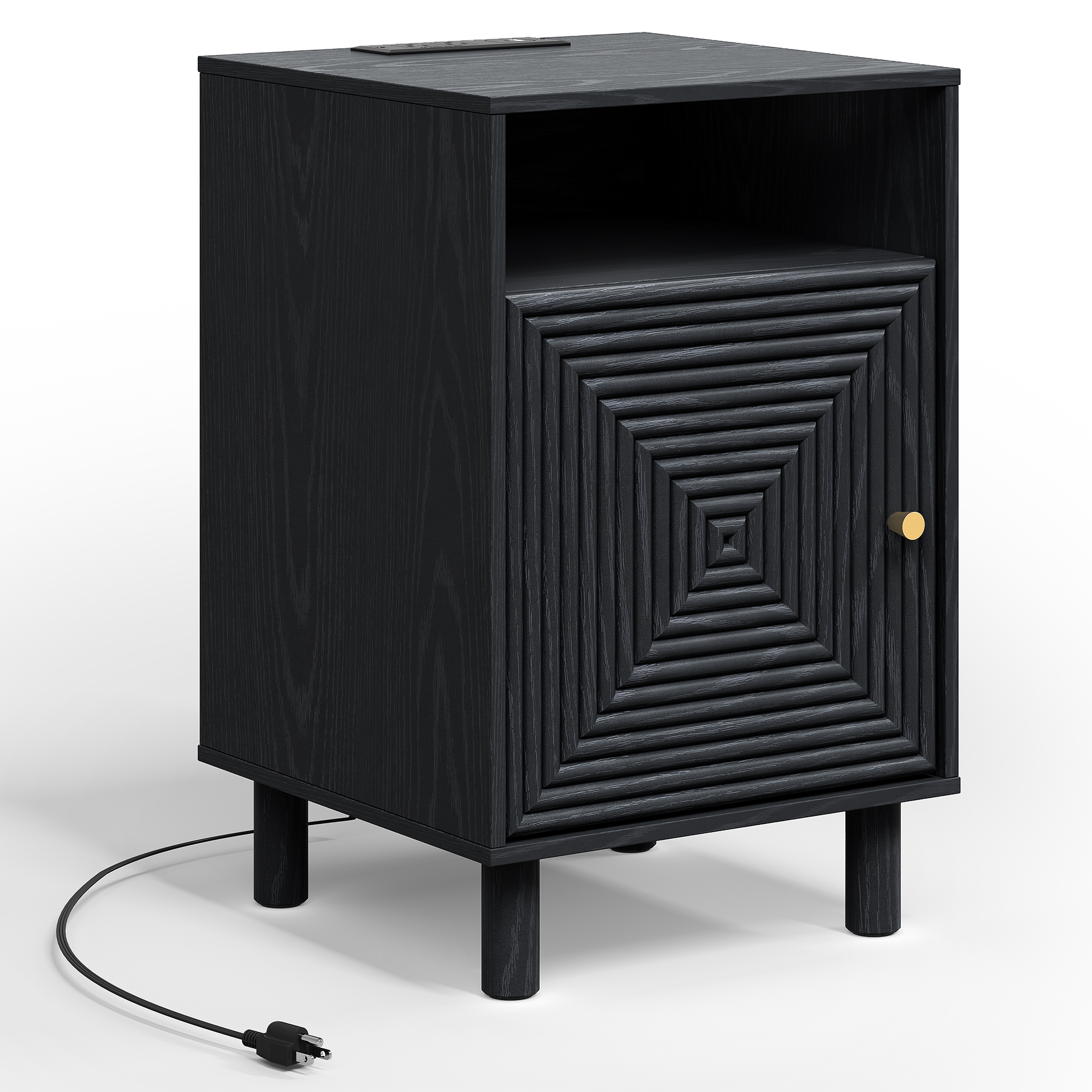 May in Color Nightstand for Bedroom, Black Side Table with Charging Station, Accent Bedside Table with Solid Wood Legs for Living Room