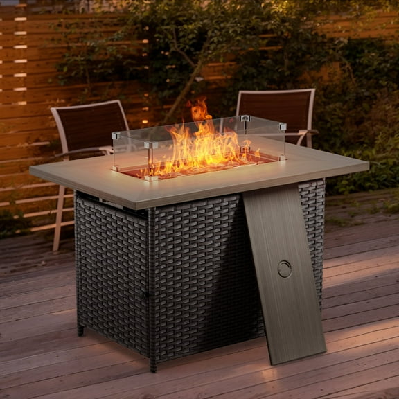 OPOHORO 41" Rectangular Propane Fire Pit 50,000 BTU Outdoor PE Wicker Fire Pit Table with Lid, Brown