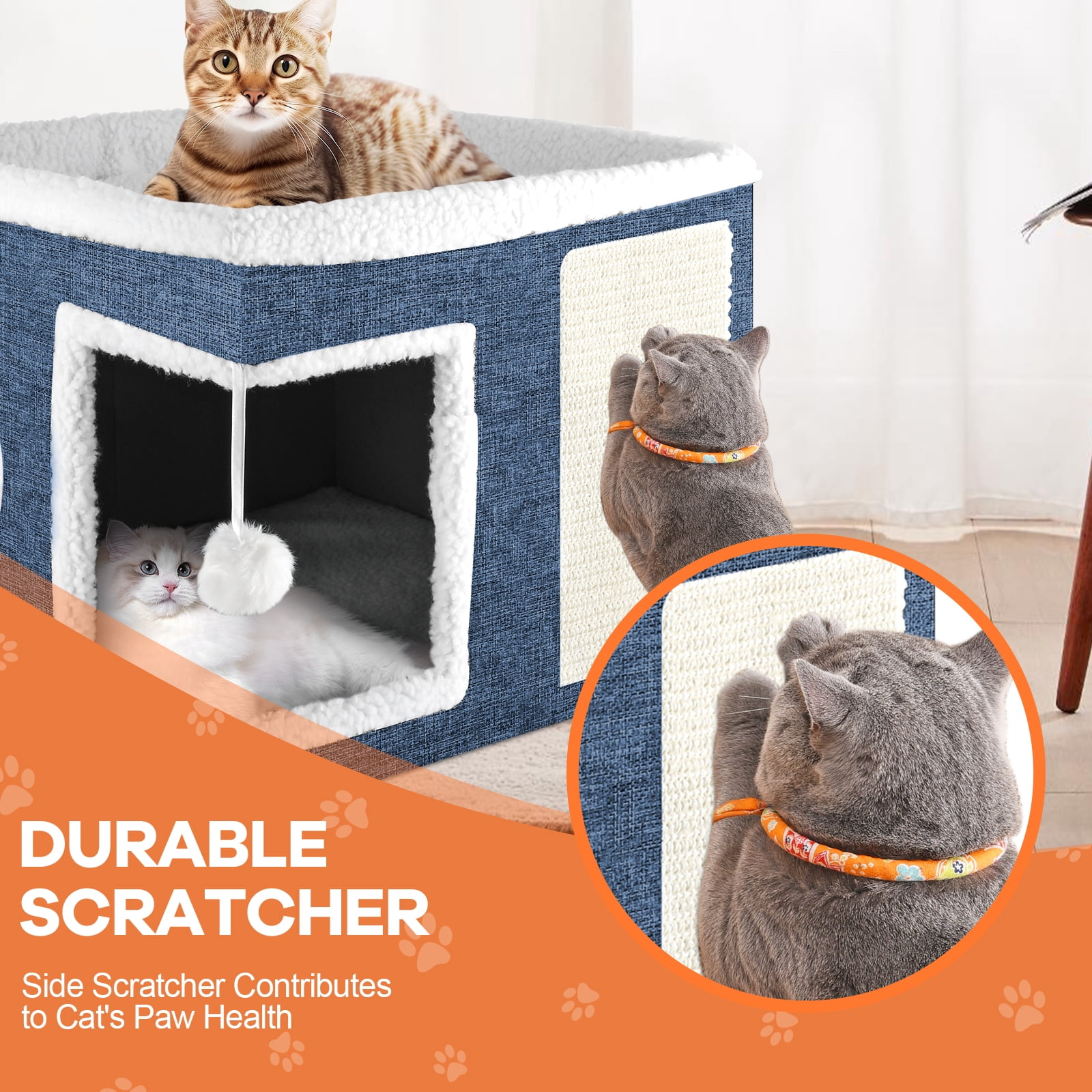 Cat Bed YUWENUS Cat House for Indoor Cats with 2 Cushion, Large Cat Cave with Scratch Pad and Fluffy Ball Hanging,Blue