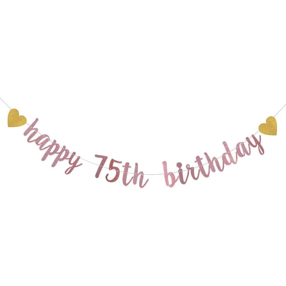 Rose Gold Glitter Banner,Pre-Strung,75th Birthday Party Decorations Bunting Sign Backdrops,Happy 75th Birthday