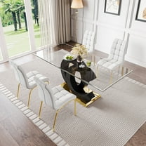 5-Piece 70" Glass Dining Table set，Tempered Glass Tabletop with OC Shape Frame & Stainless Steel Base, 4 PU Chairs with Metal Legs