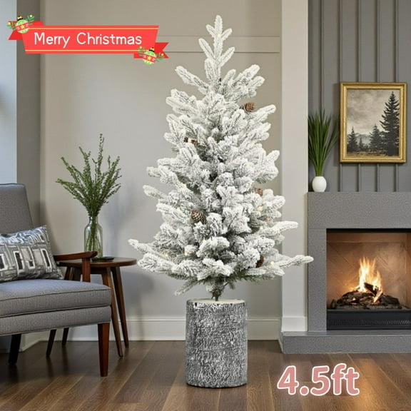 Tcbosik 4.5ft Small Pre-lit Flocked Christmas Tree with Pot Base, 19 Pine Cones & 150 LED Lights, Xmas Tree with 720 Branch Tips for Indoor Holiday Decoration, White Green