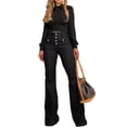 thumbnail image 2 of LYMAYTER Women's High Waist Flare Bell Bottom Jeans Button Front Vintage Wash Stretch Denim Pants, 2 of 9