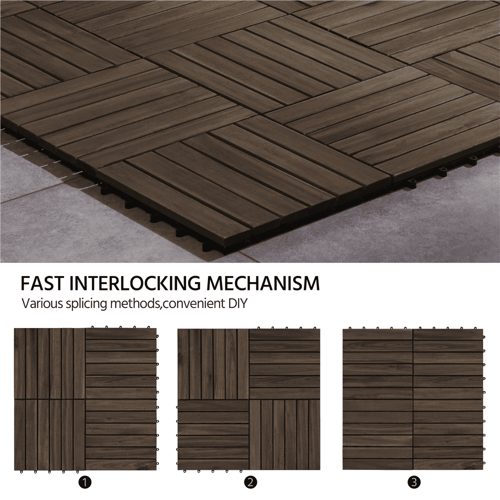 Renwick 12 × 12 in Pack of 27 Acacia Wood Interlocking Flooring Tiles for Outdoor & Indoor, Black