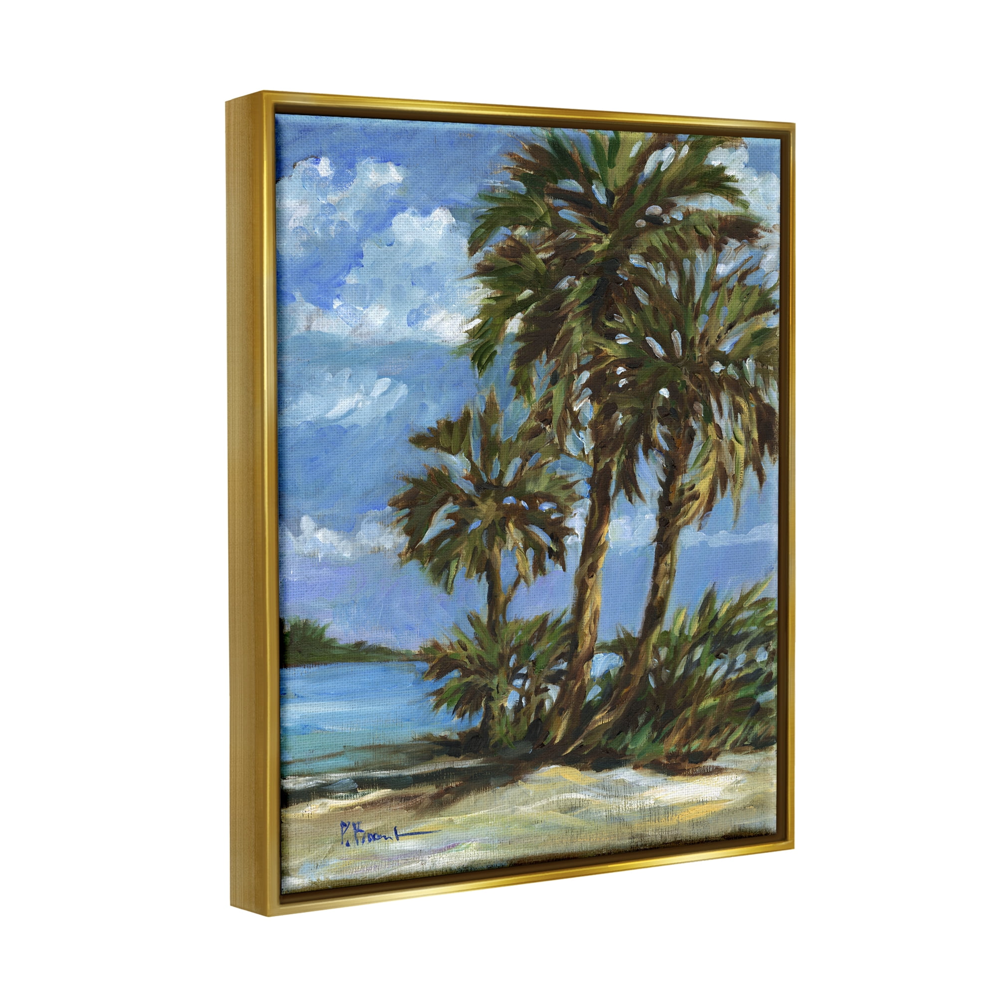 Stupell Industries Tropical Shoreline View Nature Painting Gold Floater Framed Art Print Wall Art, 17 x 21