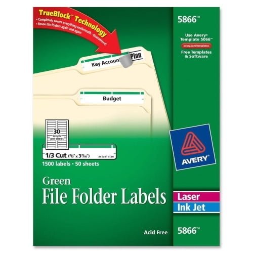Avery File Folder Labels, 2/3 0.67' Height x 3.44' Width - Rectangle - Laser, Inkjet - Green - Paper - 30 / Sheet - 1500 Total Label(s) - 5