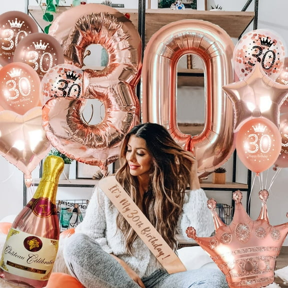 SPECOOL Rose Gold 30th Birthday Decoration for Women, 30th Birthday Decorations Kit Happy 30th Birthday Banner Triangle Flag Confetti Balloons, Number 30 Balloons Sash for Age 30 Party Supplies