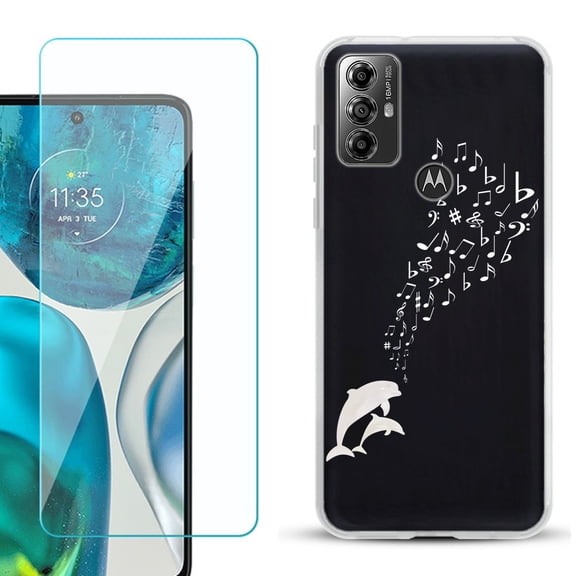 OneToughShield ® for Motorola Moto G Play 2023 Shockproof Fashion Phone Case, with Tempered Glass Screen Protector - Dolphin Music