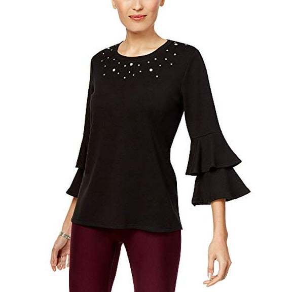 NY Collection Ruffled-Sleeve Top Black, S Womens shirt MSRP $39 Black S