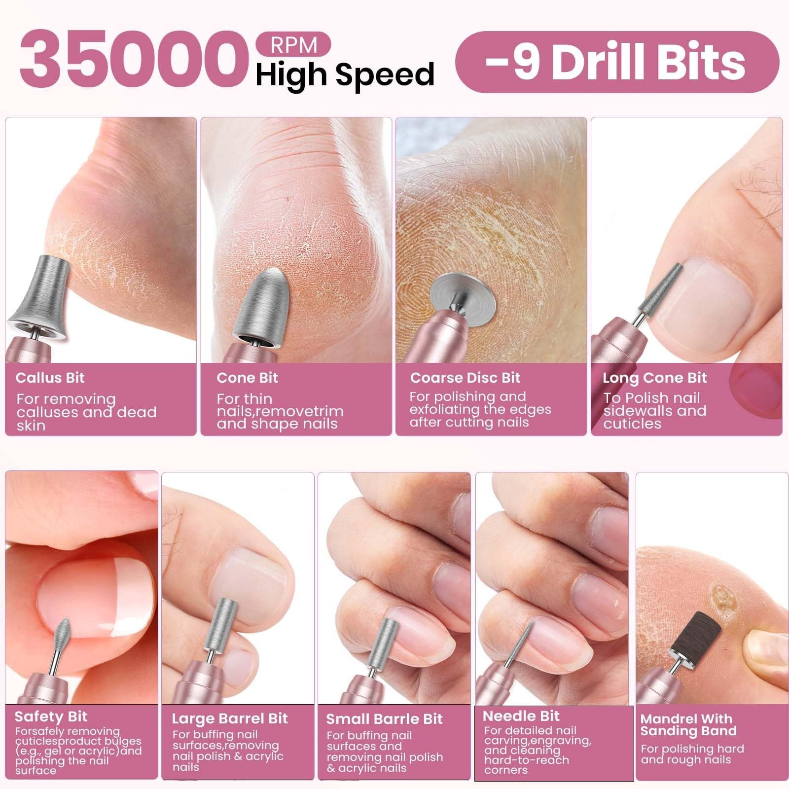 Cordless 35000RPM Nail Drill, Rechargeable Electric Nail File with LCD Display, Low Noise Low Vibration Professional Manicure Pedicure Set for Acrylic Gel Nails, Hand and Foot Care