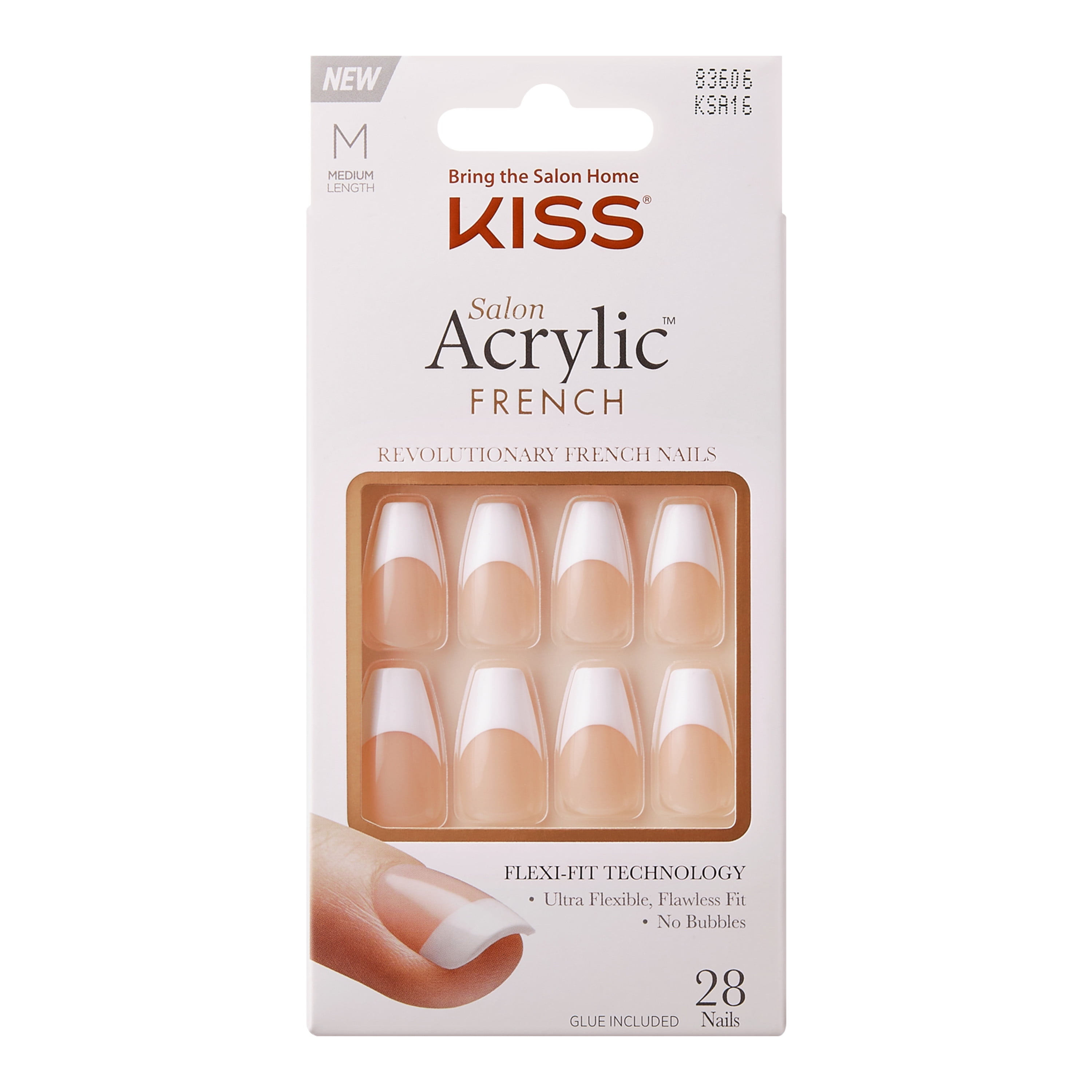 KISS Salon Acrylic Medium Coffin Press-on Nails with Glue, White French, 28 Pieces