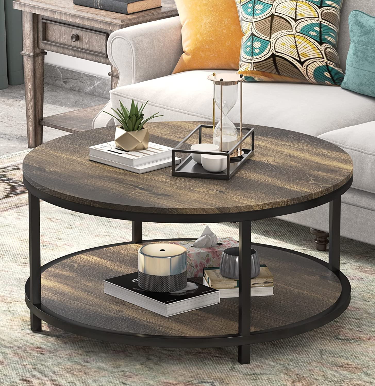 WATEDAY Round Coffee Tables for Living Room 35.8” Rustic Industrial