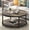 Dark Brown, variant on YANGLI Round Coffee Table 35.8", Circle Coffee Tables for Living Room, Rustic Industrial Cocktail Table with Sturdy Metal Frame & Open Storage Shelf, Easy Assembly, Gray Brown