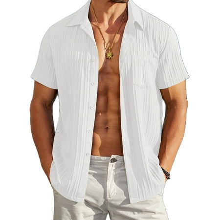Coshow Men's Summer Shirts Textured Button Down Shirt Short Sleeve Beach Shirts with Pocket