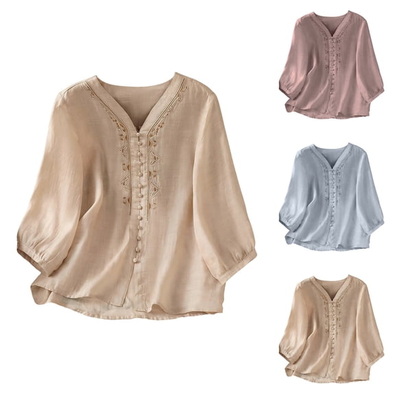 Women's Cotton Linen Embroidered V Neck Short Sleeve T Shirt Loose Summer