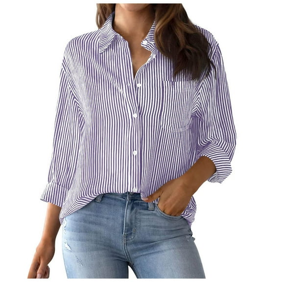 kaprioy Womens Button Down Shirts Striped Classic Long Sleeve Collared Office Work Blouses Tops with Pocket Purple, S