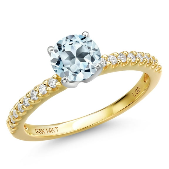 Gem Stone King 14K Two Tone Gold Sky Blue Topaz and Lab Grown Diamond Engagement Ring for Women | 1.16 Cttw | Round 6MM | Gemstone November Birthstone | Size 5