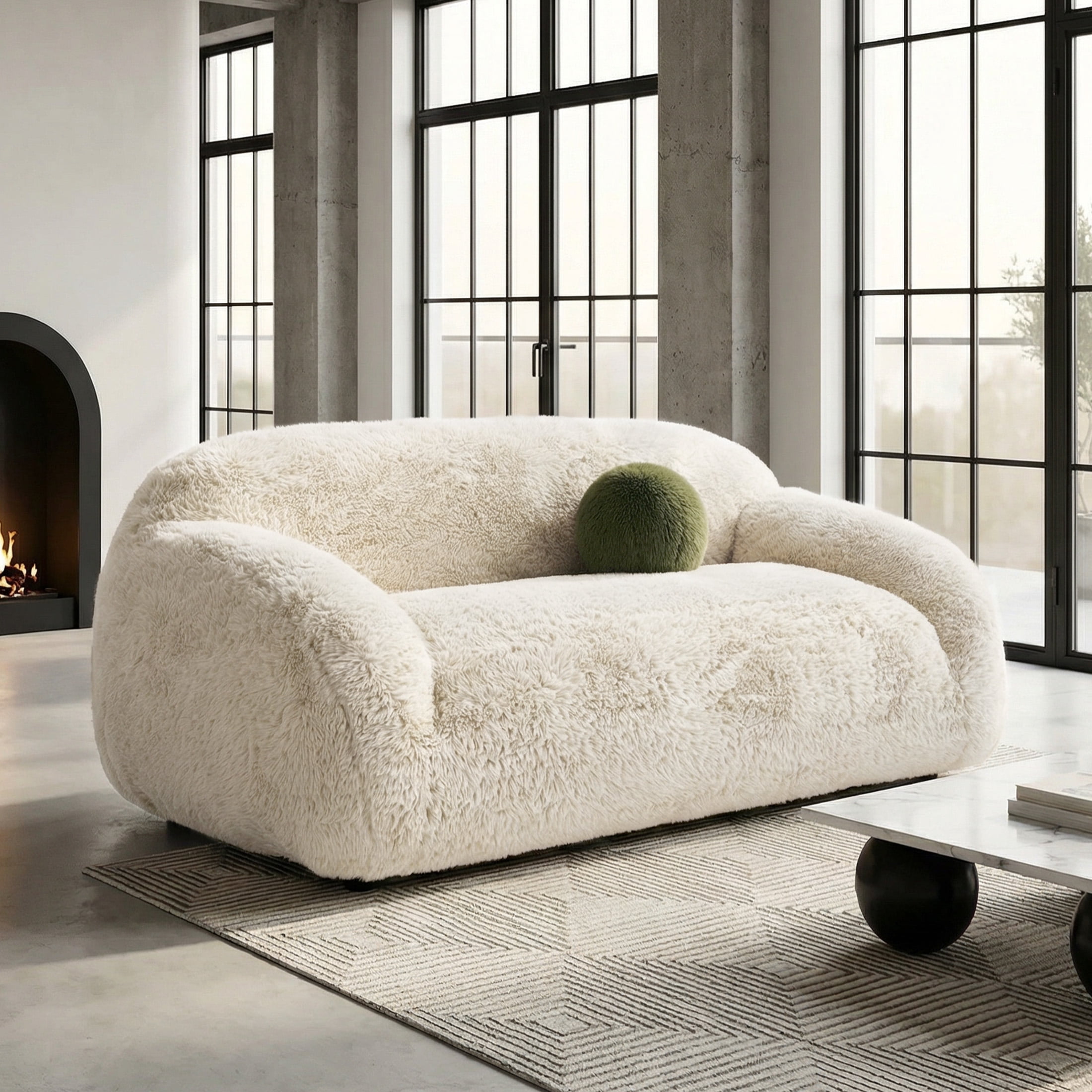 Aukfa Contemporary Plush Faux Fur Sofa, Could-Comfort Loveseat, 25" Deep Seat, Pet Friendly, Beige