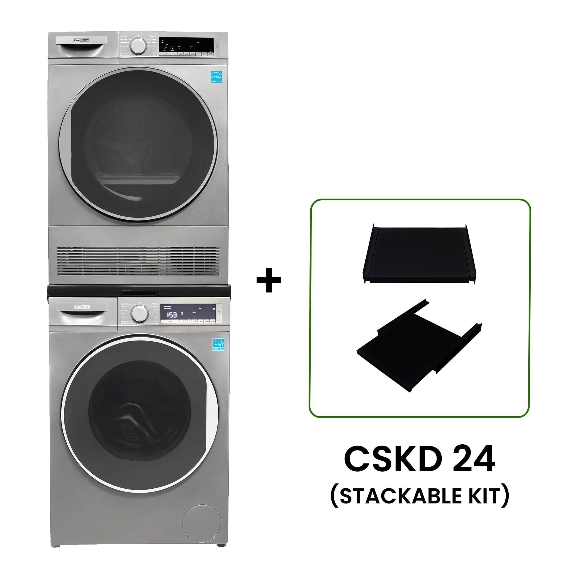 Pemberly Row Stackable Washer 2.2 cf 110 V Dryer 4 Cf 220V with Stacking Shelf