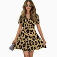 thumbnail image 2 of Brown Black Leopard Fur Pattern Women Dress V-Neck Short Sleeve Flowy Swing Party Midi Dress, 2 of 4