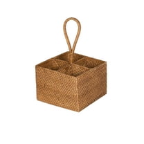 Kouboo Loma Rattan Bottle Caddy With Handle-Boho, 4-Compartment Utensil Organizer, Serving Basket, Natural Tone, Handwoven Rattan, Honey Brown