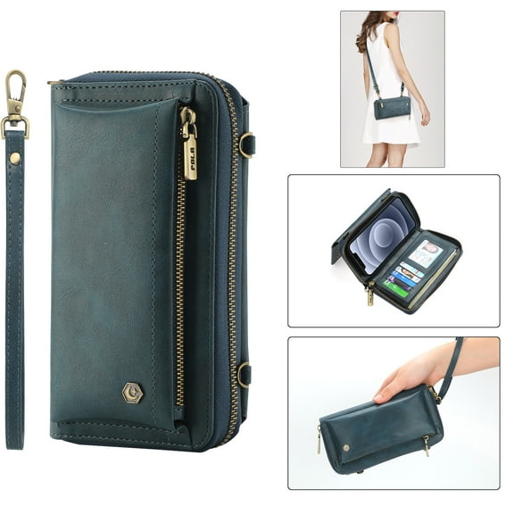 Dteck Crossbody Wallet Case for Apple iPhone 14 Pro Max 6.7 Inch 2022 with Card Slot Holder Zipper Pocket Handbag Detachable Wristlet Lanyard Shoulder Strap Magnetic Folio Purse PU Leather Cover, Blue