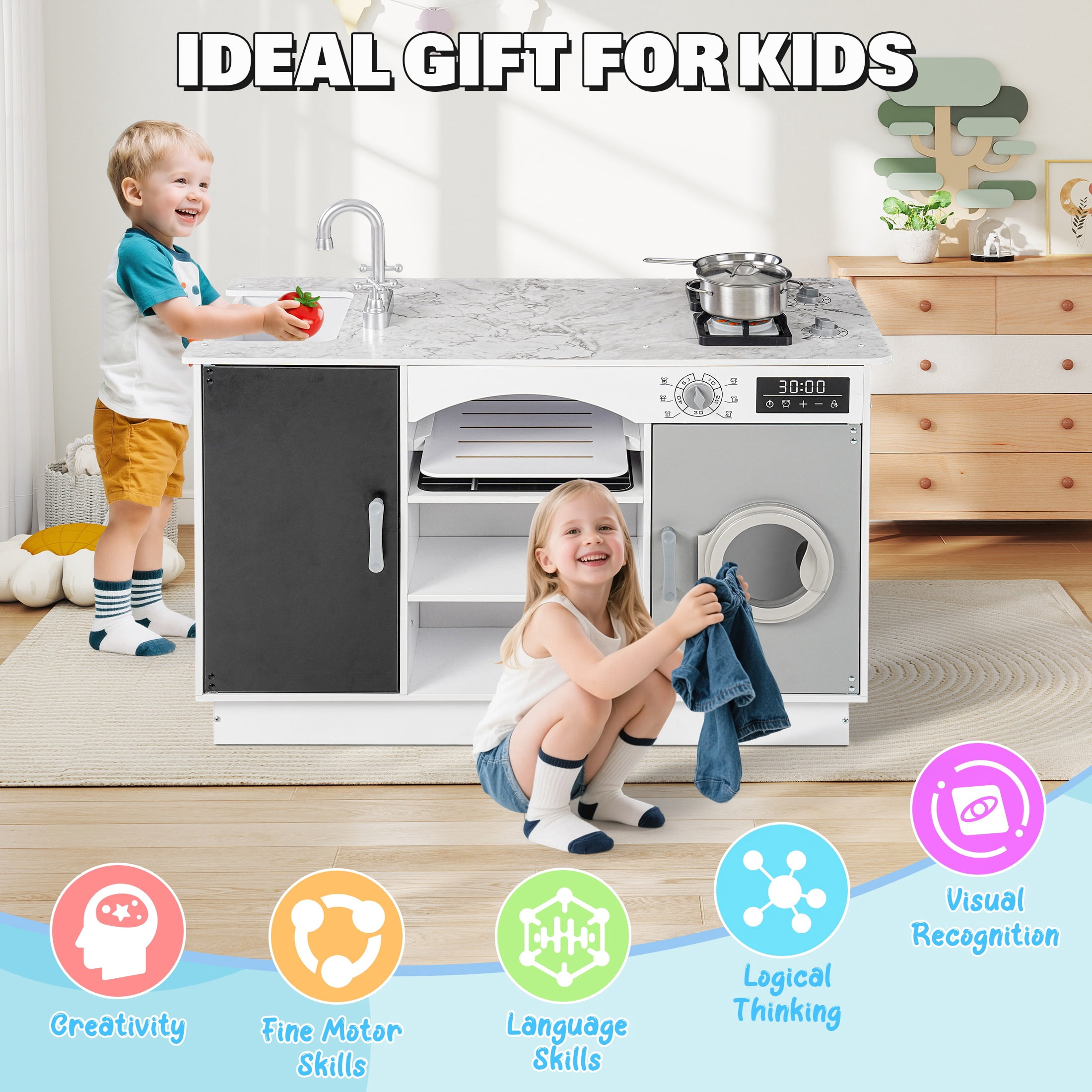 iYofe Play Kitchen Sets for Kids Ages 2+, Wood Kids Kitchen Playset for Toddlers with Real Lights & Sounds, Pretend Play Toys Kitchen with Cookware Accessories, White