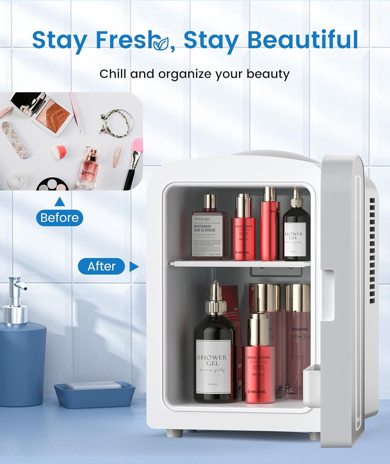 KNDKO Skincare Mini Fridge With Dimmable LED Mirror, 4L Compact Refrigerator for SkinCare, Cosmetics, Food & Drinks, Portable Small Cooler for Bedroom, Dorm, Car, Office, White