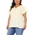 thumbnail image 4 of Blusas de verano casuales de talla grande para mujer Agnes Orinda, con textura, cuello en V con muesca y mangas con volantes, 4X color beige, 4 of 6