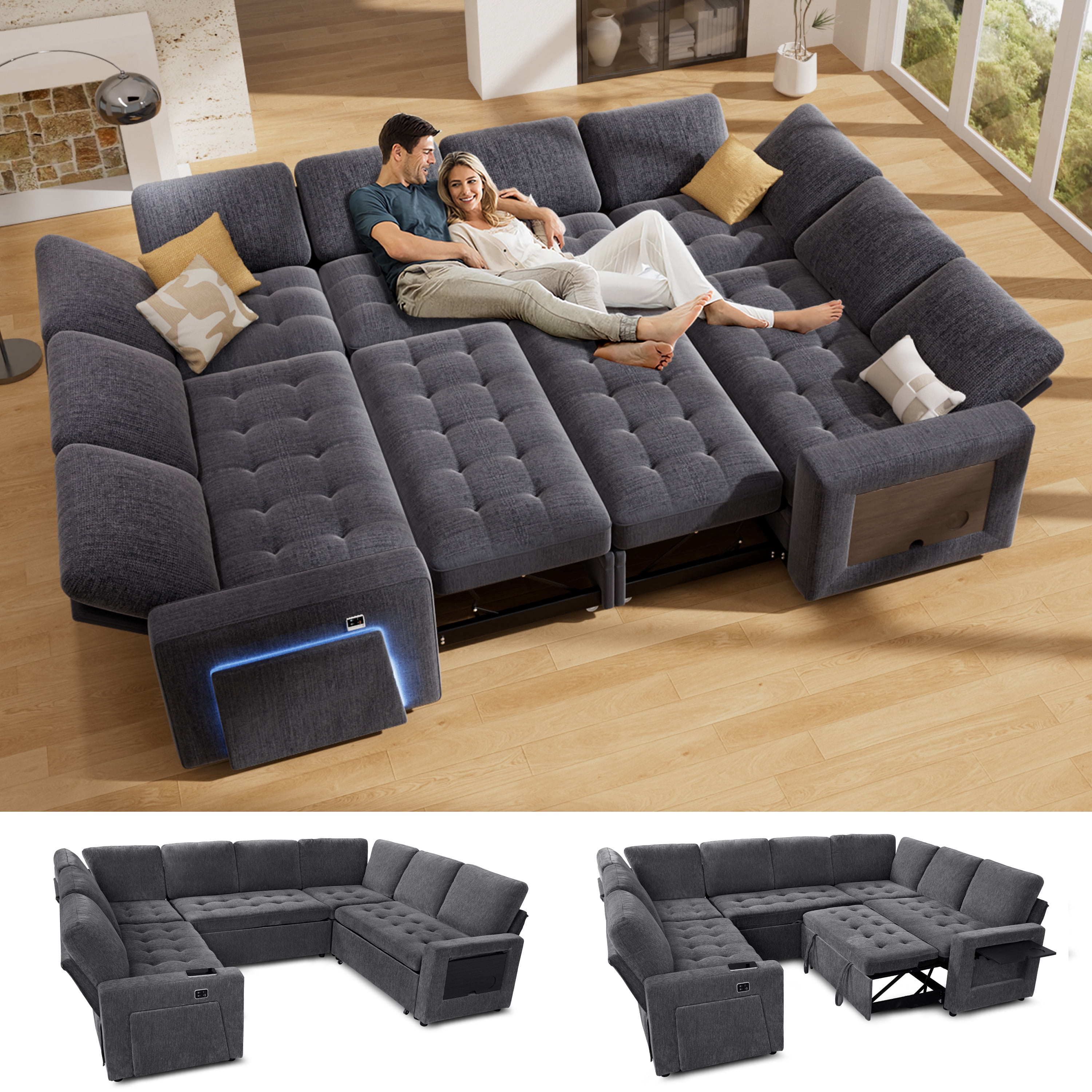 8-Seat Large U Shaped Modular Sectional | Pull Out Bed Sleeper Sofa Dark Grey/ Reclining Backrest, USB Ports, LED Light & Storage Seat - Tool-Free Assembly