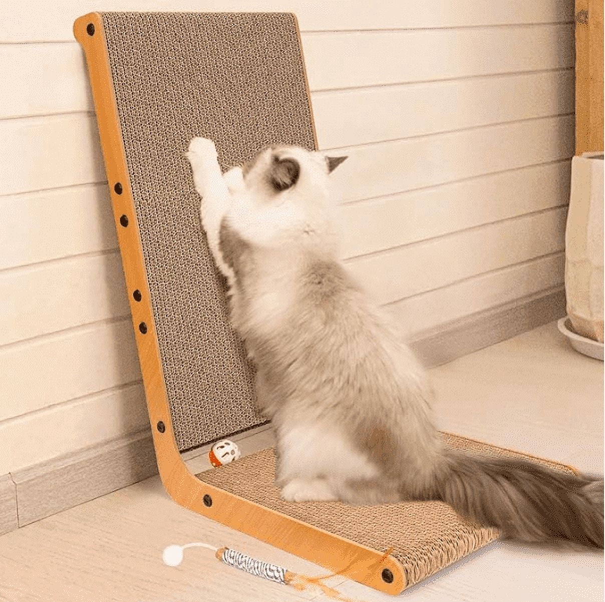CheerPals Cat Scratcher, 12.6"x20.3"x23.6" L-Shaped Scratching Board，120° Scratch Post with Bell Teaser-wand for Indoor