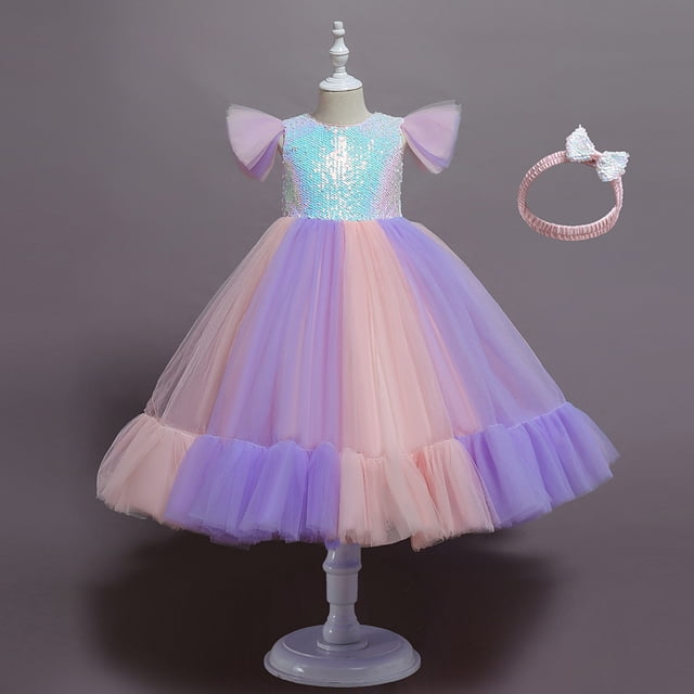 Vestido infantil, vestido de lentejuelas para niña de las flores, vestido de pasarela para boda, ropa de actuación, vestido de princesa hinchado de gasa para niña