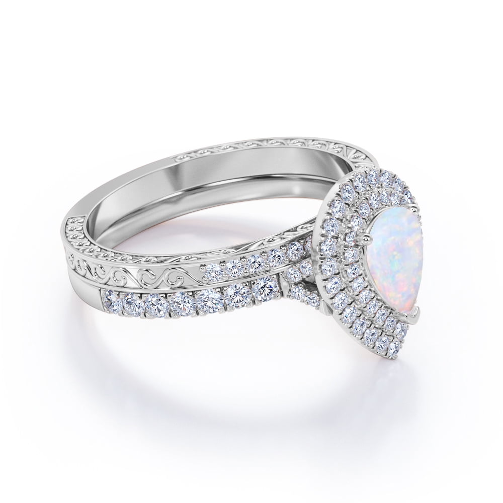 JeenMata Double Halo Set 1.75 Carat Pear Shape Ethiopian Opal and Moissanite Pave Victorian Bridal Ring Set in 18K White Gold Plating over Silver