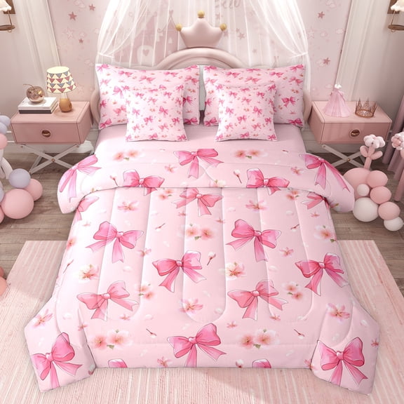Castle Fairy Kawaii Sakura Bowknot Twin Bedding Sets 7-Piece for Kids Teens Adults,Dreamy Princess Bedding Comforter Set Microfiber,Chic Flower Cherry Blossom Breathable Sheet Sets