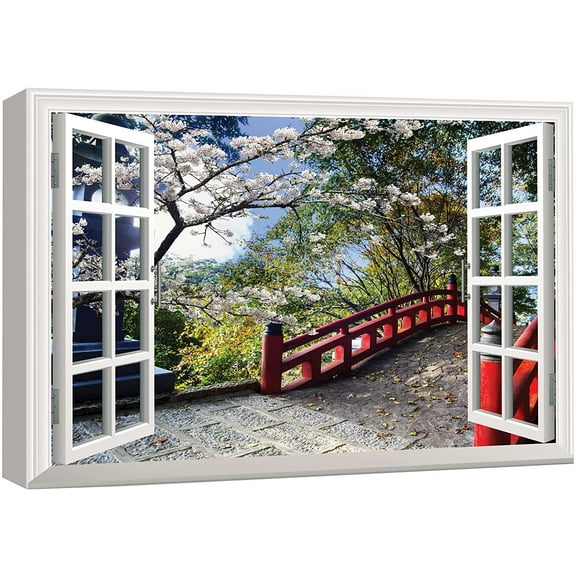 wall26 - Modern White Window Looking Out Into a Red Bridge Surrounded by Beautiful Trees - Canvas Art Home Art - 16"x24"