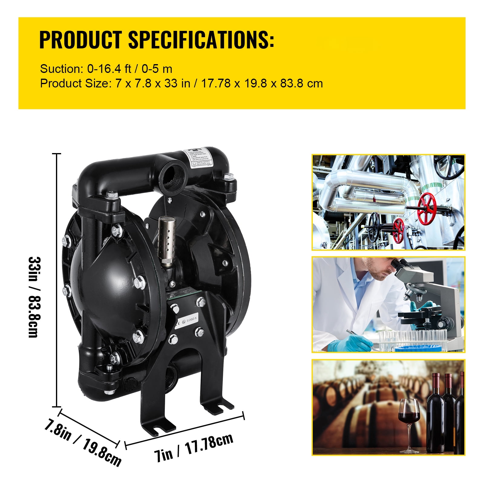 SKYSHALO Dual Diaphragm Pump, Air-Powered, 1" Inlet/Outlet, Aluminum Body, 35 GPM, Max 120 PSI, for Industrial Applications, QBY4-25LF46-1inch-35