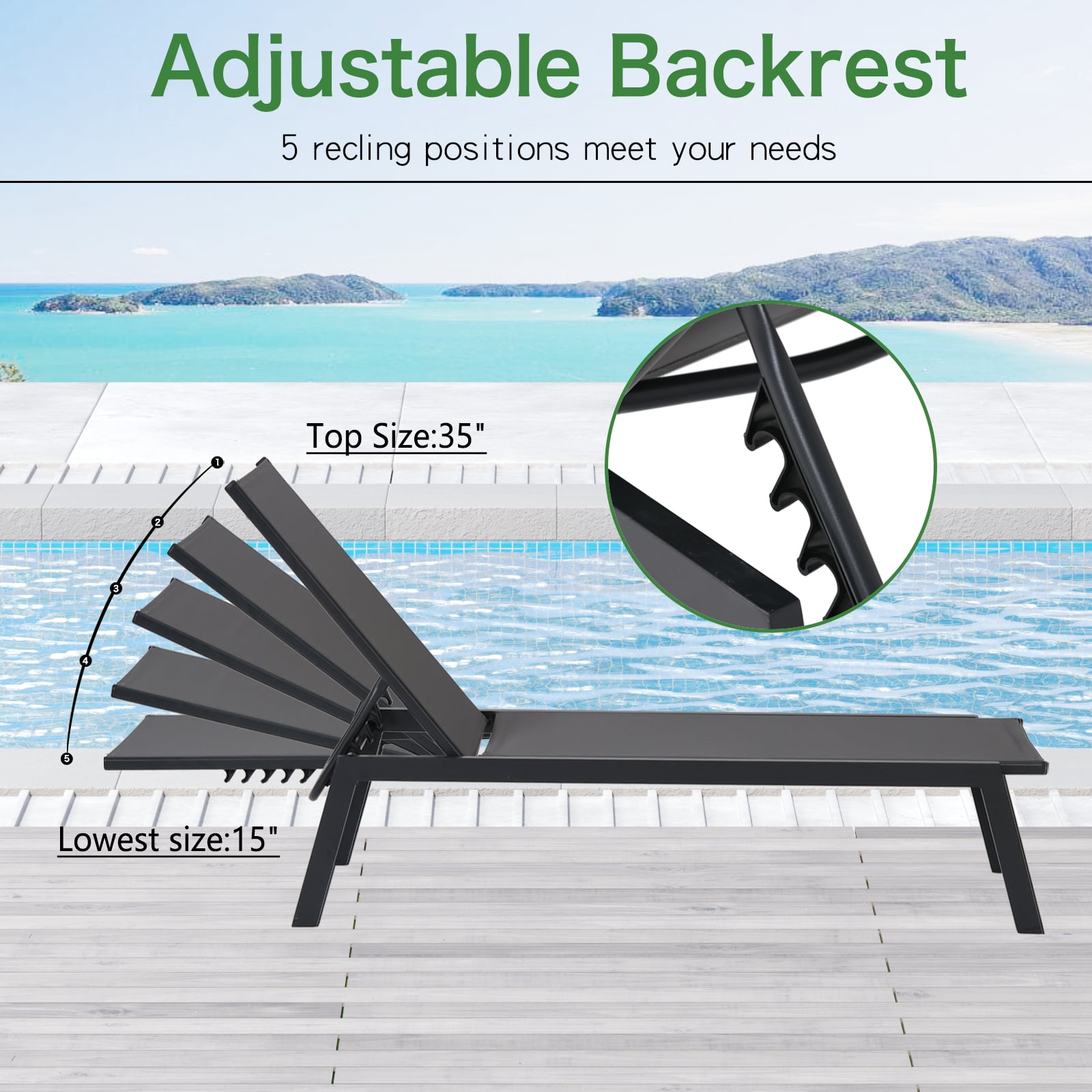 Walsport 2Pcs Outdoor Lounge Chair,Freely Adjustable Aluminum Patio Chair for Pool,Beach(Gray)